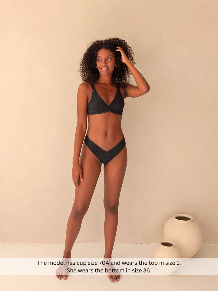 Bikini bottom V-Shape in black with rib fabric and embroidery, woman front