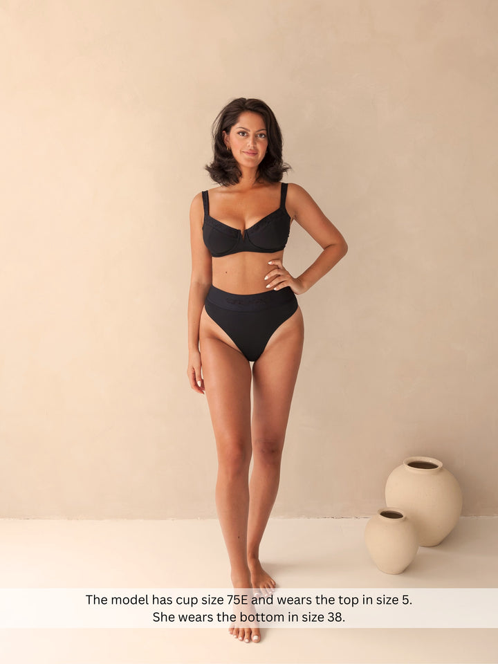 Bikini top balcony underwire and cheeky bikini bottom high-waist black with rib fabric & embroidery, woman front